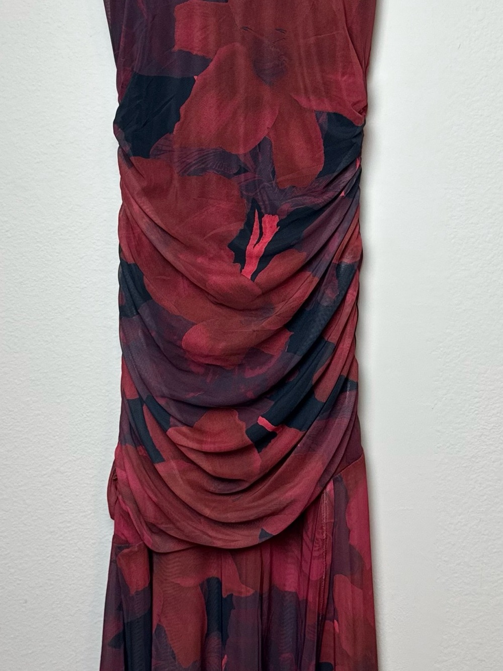 Sincerely Jules Red and Black Floral Ruched Maxi Dress